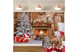 CUMIA Noël cheminée Toile de Fond Arbre de Noël Photographie arrière-Plan Cadeaux de bannière décorative Vacances d'hiver fête de Famille Accessoires Photo 2,1 x 1,5 m