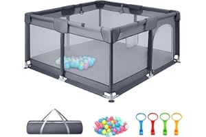 Supernic Baby Playpen for Babies and Toddlers with Mesh Walls, Ocean Balls & Pull Rings Included, for Indoor & Outdoor Use, Toddler Fence - Breathable Mesh, Extra Large Play Yard (Grey, 127x127cm)