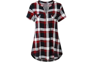 Odosalii Womens Zip Up Plaid Tunic Blouse Short/Long Sleeve Polo Top Floral Printed Shirts
