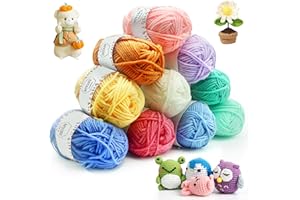 HOVIBU Laine à Tricoter et au Crochet Kit, 10 Couleurs ×25g Mini Pelote de Laine, 100% Acrylique Fil Coton pour Crochet avec 2 Crochets pour Amigurumis et Petit Artisanat d'art