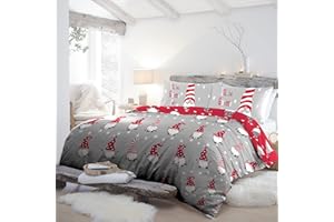 Fusion - Funda Nórdica Gonk Navideña Roja - 230 x 220 cm - Reversible (2 Colores) - 100% Algodón - 2 Fundas de Almohada Incluidas - Funda Nórdica Gnomo Navideña - Ropa de Cama Navideña (Rojo/Gris)