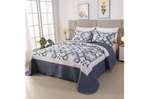 Qucover Country Style Super King Bedspread, Soft and Comfortable Polycotton Quilted Bedspreads Super King Size With Printed Pattern Windmill, 3 Pieces Quilted Bed Throw Bedspreads with Pillow Shams