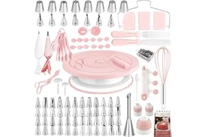 BOYUN Cake Decorating Kit, 137pcs Cake Decorating Supplies with Cake Turntable for Decorating, Pastry Piping Bag, Russian Piping Tips Baking Tools, Cake Baking Supplies for Beginners (Light-Pink)
