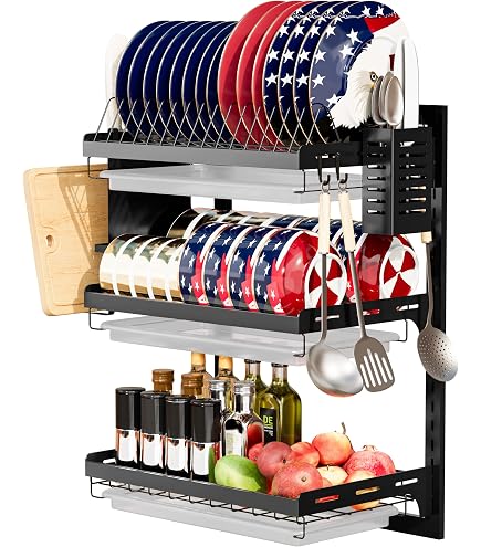 Scolapiatti da lavello in acciaio inox a 3 ripiani, ripiano scolapiatti per bancone della cucina, organizer salvaspazio con porta utensili e porta spugna