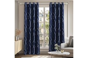 Deconovo Super Soft Dotted Line Foil Printed Thermal Insulated Blackout Curtains Window Treatment Eyelet Blackout Curtains for Boys Bedroom 46 x 90 Inch Navy Blue Two Panels