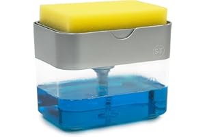 S&T INC. Dish Soap Dispenser and Sponge Holder for Kitchen Sink, Sponge Included, 13 Ounces, Silver