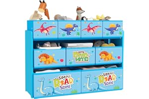 AIYAPLAY Kids Toy Storage Unit, 3-Tier Toy Organiser Shelf with 9 Non-Woven Fabric Boxes for Toys, Books, Dinosaur-Style Toy Storage Organiser for Bedroom, Nursery, Blue