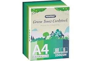PENPRIS Cartulina de tonos verdes, 60 hojas, 6 colores, cartulina verde, tamaño A4, papel de 250 g/m², cartulina pesada para impresora, fabricación de tarjetas, manualidades, álbumes de recortes, PAC06MX3
