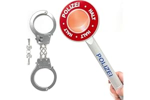 AMLI Polizei Handschellen & Polizeikelle Kinder Set - Polizeiset Metall Handschellen und Kelle als Spielset | Karneval Polizei Ausrüstung für Kinder | Spielzeug Polizeikelle mit Handfesseln