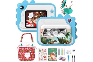 CHAKEYAKE Kinderkamera, 2,4 Zoll Bildschirm 1080P HD Digitalkamera Fotoapparat Kinder mit 32GB Karte,3 Druckpapier, 5 Farben Stift, Weihnachts-Box, Kinderspielzeugab 3 Jahre, Kinder Blau
