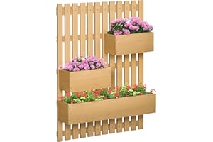 Outsunny Wall-mounted Wooden Garden Planters with Trellis, Drainage Holes and 3 Movable Planter Boxes, Wall Raised Garden Bed for Patio, Natural