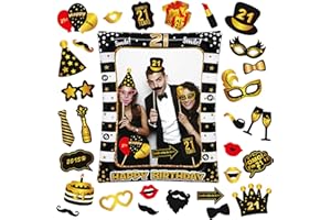 BATNITE 21st Birthday Props Black Gold - 31 Pieces Photo Booth Props, Inflatable Selfie Frame, Glasses, Hat, Red Lips - Gifts for Women Men 16th Party Decor