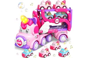Pourbibi Auto Spielzeug ab 2 Jahre Mädchen, Autotransporter LKW Spielzeug mit Licht und Musik, Kinderspielzeug ab 1 2 3 4 5 Jahre - Geburtstag Ostergeschenke Weihnachten Einhorn Geschenke für Mädchen