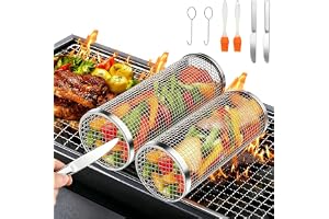 YGVQN Rullande Grillkorg 2-pack, Rostfritt Stål 304 med Fäste & Borste, Rullande BBQ Rörkorg för Grönsaker, Pommes, Fisk, Bärbara BBQ Tillbehör för Campning Ute, Present till Pappa eller Man