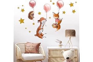 YABADUU Adesivo da parete animali ad acquerello sticker da muro per camera dei bambini con nome desiderato decorazione per ragazzi ragazze Y037 (Non personalizzato, 13 Animali della foresta con palloncini)