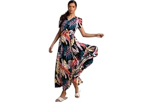 Roman Originals Shirred Waist Dress for Women UK - Ladies Midi Maxi Summer Spring Tiered Frill Hem Short Sleeve V Neck Button Through Boho Bohemian Gypsy Holiday