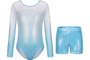 AODOKAT Gymnastics Leotards for Girls with Shorts Set, Long Sleeve/Sleeveless Dance Leotard Sparkling Ballet Dancewear for Kids 5-14 Years