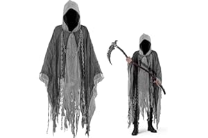 Superum Geister Kostüm Erwachsene,Gruselige Geist Umhang mit Sensenmann Taillenkette Design,Halloween Kostüm Herren Damen Sensenmann Umhang mit Kapuze Gespenstischer Outfit,Kostüme für Kinder Kostüme