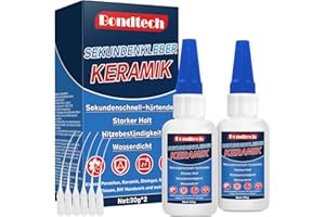 BONDTECH 60g Porzellankleber Extra Stark, Hitzebeständiger Keramikkleber, Porzellankleber Spülmaschinenfest, Anti-Trocknungsspitze, Sekundenkleber für Keramik, Porzellan & Ton