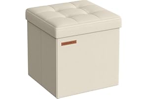 SONGMICS Storage Ottoman, Foldable Small Ottoman Foot Rest, 30 x 30 cm Foot Stool, Ottoman with Storage, Load up to 130 kg, for Living Room, Bedroom, Dorm, Cream White LSF028W51