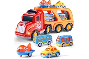 CI VETCH Carrier Toddler Trucks Vehicles Toys - 5 in 1 Car Toys for 3 4 5 Year Old Boys Toddlers, Cute Cartoon Kids Toy Cars Friction Power Set, Push and Go Play Cars and Trucks