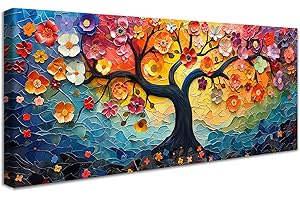 HALFLEMART Wooden Framed Canvas Wall Art Colorful Blossom Tree of Life Painting on Canvas Prints Poster Abstract Hippie Tree Pictures for Living Room Bedroom Home Office Wall Decoration 50x120cm/20x48 inch
