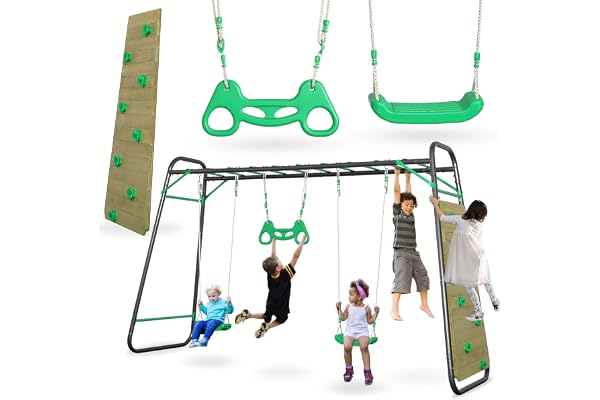 HyperMotion Swing HYP18 - Utomhus lekplats för barn med 2 sits gunga, trapets, stege, klättervägg - stålstruktur 200 kg Max - 368 x 222 cm