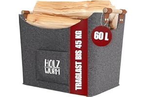Holzwurm Holzkorb für Kaminholz - Filzkorb groß für Kaminholz Aufbewahrung Innen - Kaminholzkorb bis 45kg belastbar mit rutschfestem Griff