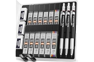 Nicpro Set di matite meccaniche in metallo da 2 mm con custodia, 3 portamatite da 2,0 mm con 144 ricariche di mina (4H 2H HB 2B 4B 6B colore), gomma, temperamatite per disegnare, scrivere, disegnare