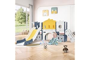 ‎HAINEW 6 In 1 Kinder Rutsche ab 3-6 Jahre für Indoor und Outdoor, Kinder Spielplatz mit Basketballkorb, Klettern, Spielgang, Bohrspiel und Stauraum, Gartenrutsche, Schaukelgerüst, Kinderschaukel (Blau)