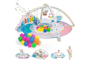 WHDJSPIN® Baby Play Mat, Large Baby Play Gym with Music Piano and Rattles, Thicken Playmats & Floor Gyms for 0-36 Months Newborn Babies Activity Mat Infants Sound Toys Baby Gift, Blue Pink-Round