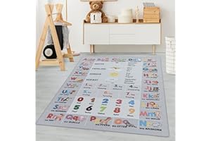 ‎CARPETSALE24 Carpetsale24 Kinderteppich Grau 120x170 cm Alphabet-Buchstaben Zahlen-Tier Design Modern rutschfest Waschbar Pflegeleicht Extra Weich Antiallergen Babyteppich Kinderzimmer Jungen Mädchen