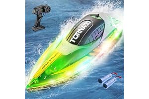 PENGBU RC Barca telecomandata, 15 km/h 2,4 GHz motoscafo radiocomandato con luce LED, barca radiocomandata per bambini, 100-240 minuti, Due batterie