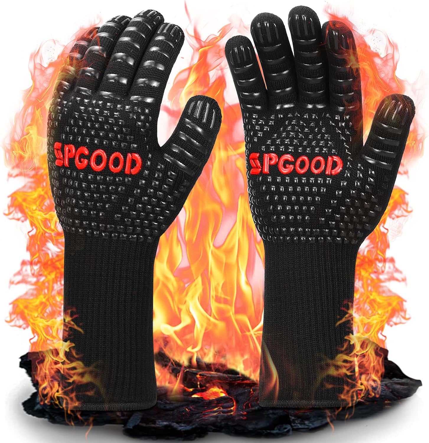 SPGOOD Guantes Barbacoa Guantes Horno Altas temperaturas Largos, BBQ Guantes Resistentes al Calor hasta 800℃ para Cocina, Parrilla, Hornear, Microondas, Chimenea Negro（L/XXL）