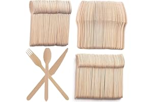RicoFot Couverts Jetables, 100pcs Cuillère bois, 100pcs Fourchette et Couteau Bois, Biodégradable Convient pour Anniversaires, Pique-Niques, Camping, Barbecues RS-S-065