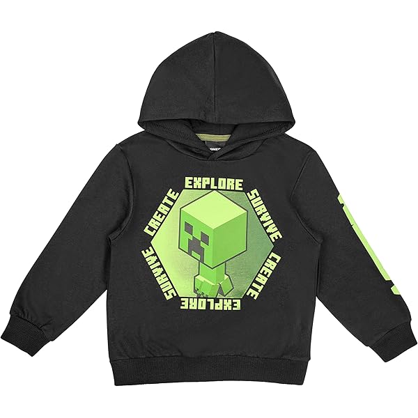 Minecraft Sweat à Capuche Pour Garçon Avec Motif De Tête De Creeper Noir Et Vert, Green Creeper, XS