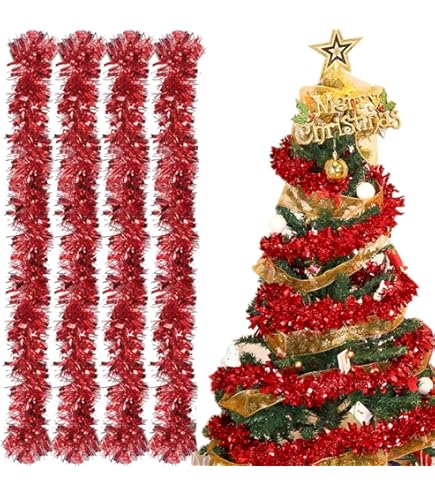 Guirlande Noel Rouge, Lot De 5 Guirlande De Noel Sapin, Guirlandes Tinsel Rouge Noël, Guirlande