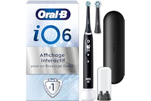 Oral-B Brosse A Dents Electrique iO 6 Noire, 5 Modes De Brossage Dont Blancheur Et Soin Des Gencives, Capteur De Pression, Ecran Interactif, 2 Brossettes De Rechange Oral B, Etui De Voyage