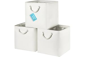 OrganiHaus Fabric Storage Boxes, Set of 3 Foldable 30X30 Cube Organiser Bins with Rope Handles for Shelves, Nursery & Closet, Collapsible Storage Baskets for Toys, Clothes & More - Off-White