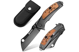 NedFoss MIEBA Outdoor Folding Knife, 8.5 cm D2 Steel Pocket Knife with Cleaver Blade, One-Handed Knife with Sheath & Skull Motif, Outdoor Knife with Clip, Survival Hunting Knife for Collection & Gifts