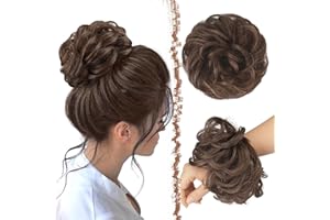 ‎FESHFEN FESHFEN Haarteil Mit Gummiband, Groß Dutt Haarteil Haargummi Mit Haaren Gelockt Haardutt Synthetisch Haarverlängerung Pferdeschwanz Haarteile für Damen Mädchen, Brünett Braun 55g