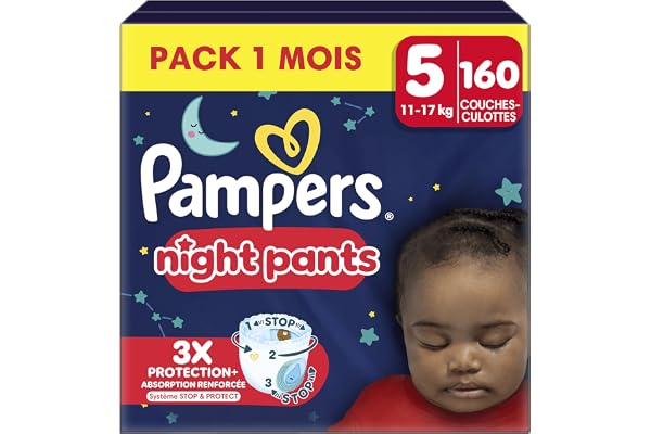 Pampers Night Pants, Taille 5, 160 Couches-Culottes, 11-17kg, Maintien 360° Contre Les Fuites Avec Un Cœur Super Absorbant Pour Une Protection Renforcée Toute La Nuit, Pack 1 Mois