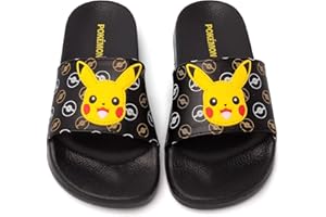 POKÉMON Pokemon Sliders For Boys | Kids Pikachu Face Sandals Beach Shower Shoes | Childrens Pokeball Black Summer Footwear Game Merchandise Gift