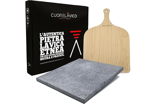 CUORE LAVICO Pierre a Pizza en Pierre de Lave de l’Etna 39×35×2 cm + Pelle – Four, Gaz, Barbecue – Made in Italy – Pour Pizza Croustillante