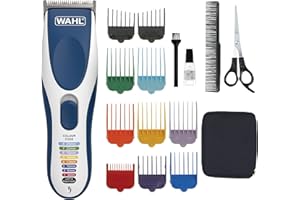 Wahl Color Pro bezprzewodowa maszynka do strzyżenia włosów, maszynka do strzyżenia włosów dla mężczyzn, golarka do włosów, męska maszynka do strzyżenia włosów z oznaczeniem kolorystycznym, przewodnik do strzyżenia włosów, łatwe strzyżenie w domu.