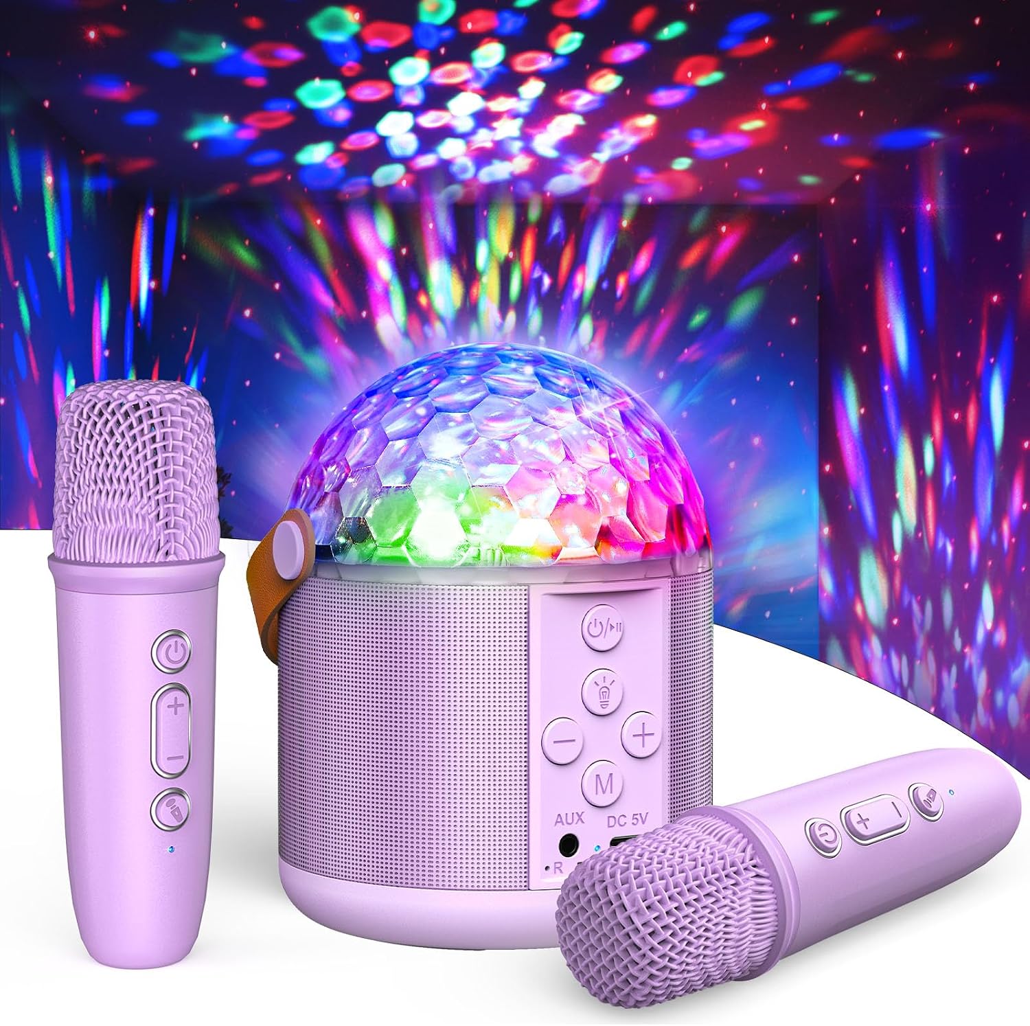 Microfono Karaoke Regalo Niña 5 6-12+ Años, Karaoke 2 Microfonos Inalambricos Bola de Discoteca con Efectos de Luces LED Frontales Karaoke Niña Adultos Microfono Juguetes para Niñas - Regalo Navidad