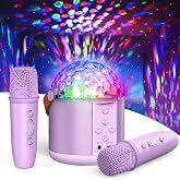 Karaoke Microphone Gift Girl 5 6-12+ Years, Karaoke 2 Microphones Wireless Disco Ball with Effects of LED Lights Front Karaok