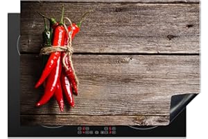 KitchenYeah© Protezione Piano Cottura Tappetino per Induzione 75x52 cm Cucina Proteggi Coprifornello Antiscivolo Pepe - Legno - Spezie - Erbe - Rosso