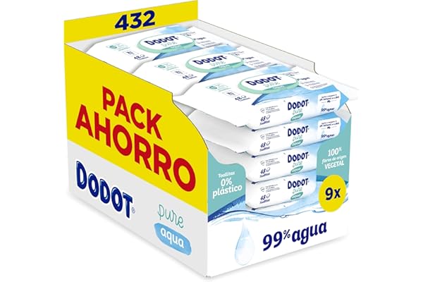 Dodot Toallitas Pure Aqua Para Bebé, 432 Toallitas (9 Packs de 48 Unidades) , Ayuda A Restaurar El PH Natural De La Piel, 99% Agua, Sin plástico