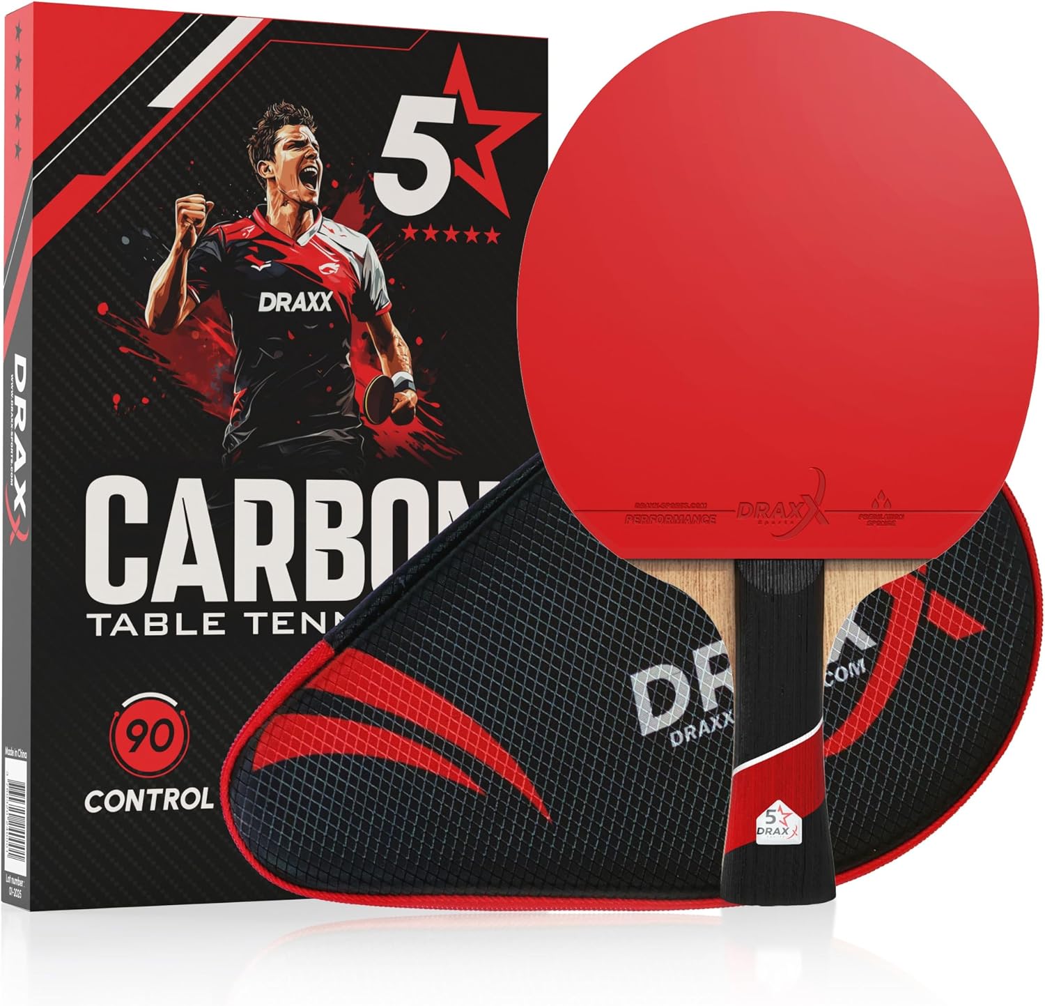 DRAXX Sports Pala Ping Pong Carbon | Raqueta de Carbono Profesional para un Control inigualable, Giro y Potencia, Ultra Ligera, Esponja de 2 mm y Revestimiento de Alto Rendimiento